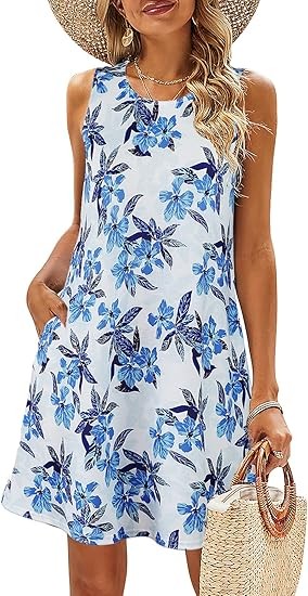 Summer Dresses for Women Beach Floral Tshirt Sundress Casual Pockets Boho Tank Dress