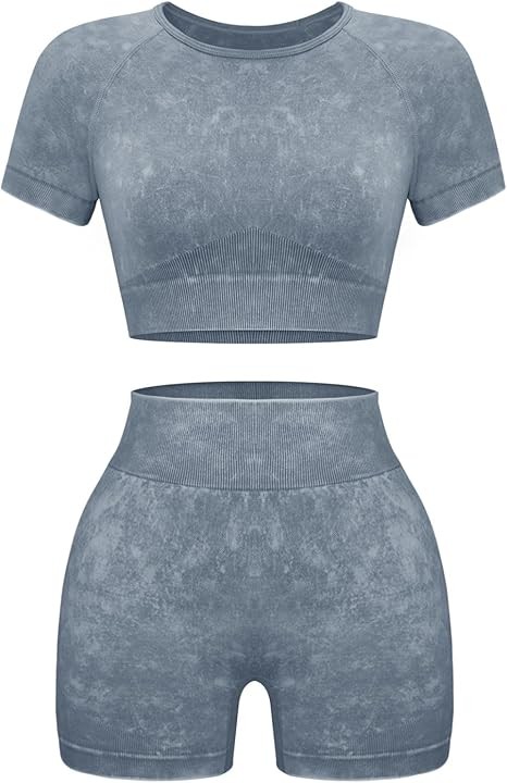 Womens Workout Sets 2 Piece - Seamless Acid Wash Yoga Outfits Shorts and Crop Top Matching Gym Athletic Clothing Set
