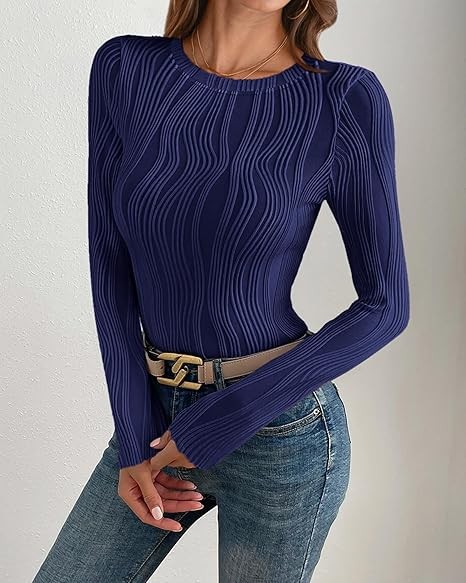 Women's Tops 2025 Cute Long Sleeve Crewneck Blouses Plain Slim Fit Fall Shirts Textured Knit Basic T Shirts