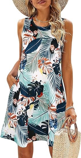 Summer Dresses for Women Beach Floral Tshirt Sundress Casual Pockets Boho Tank Dress