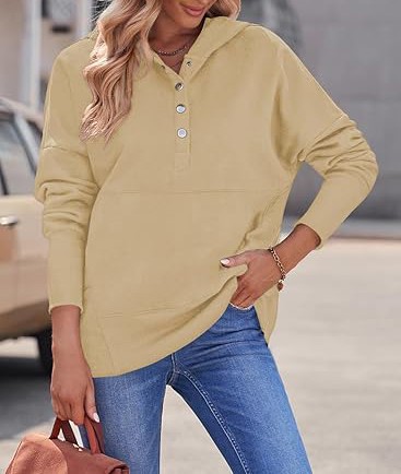 Women Casual Long Sleeve Hoodie Oversized Button Collar V Neck Sweatshirt Trendy Pullover Tops With Pockets Fashion 2024
