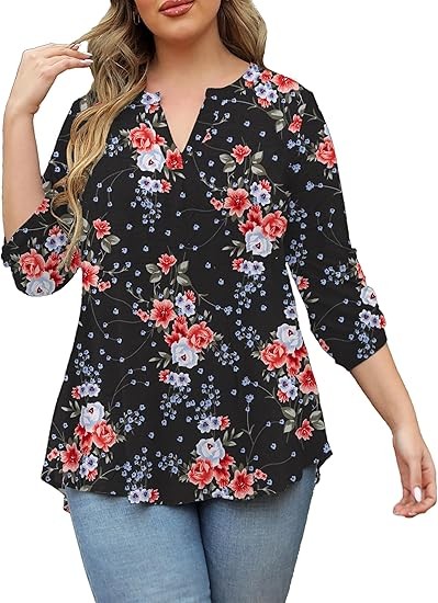 Womens Tops Dressy Casual 3/4 Sleeve Shirts Tunic Blouses Plus Size Tops for Women