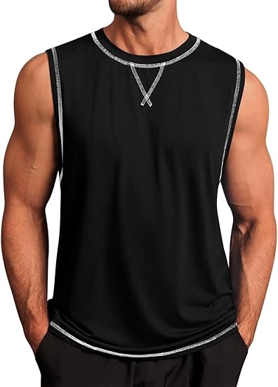 Mens Workout Tank Tops Sleeveless Casual Crewneck Beach T Shirt Muscle Athletic Gym Running Tee