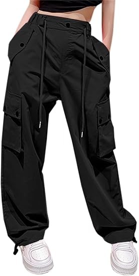 Girls&Womens High Waist Parachute Pants Y2K Cargo Trousers with Pockets 6 Years-Women 2XL