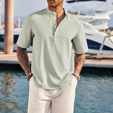 Men's Casual Henley Shirt Short Sleeve Band Collar Linen Shirt Summer Beach Hippie T-Shirts