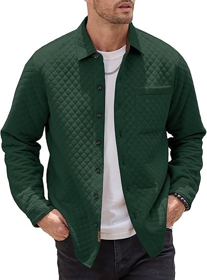 Mens Shacket Long Sleeve Shirt Jacket with Pockets Lightweight Quilted Overshirt