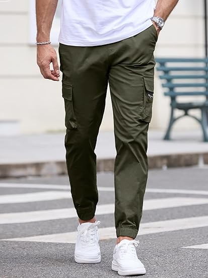 Mens Cargo Jogger Pants Elastic Waist Drawstring Regular with Zipper Pockets Cotton Pants for Men
