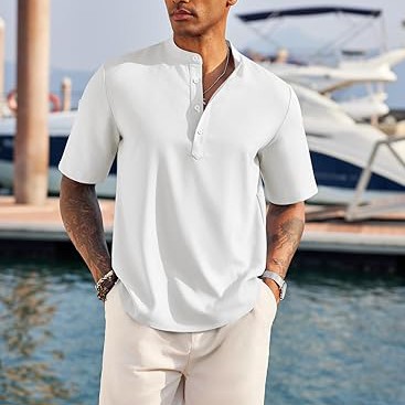 Men's Casual Henley Shirt Short Sleeve Band Collar Linen Shirt Summer Beach Hippie T-Shirts