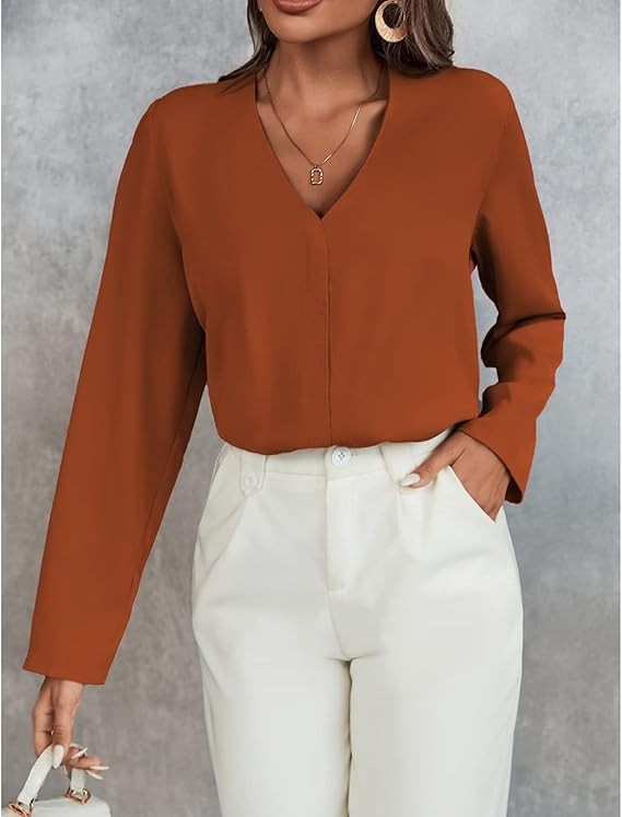 Women's Long Sleeve Shirts V Neck Business Casual Plain Work Blouses Tops