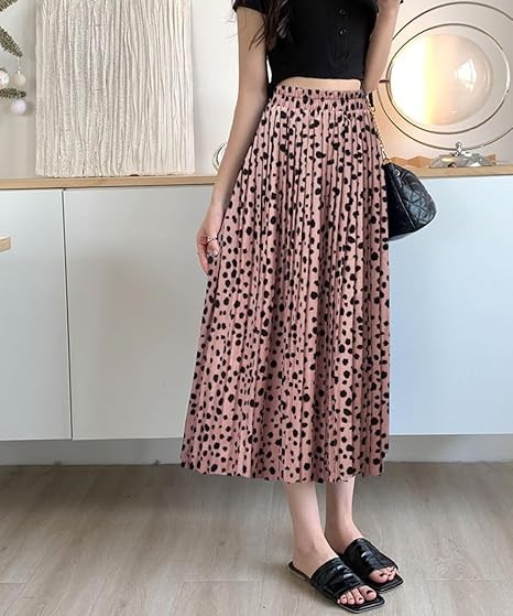 Womens Skirt Leopard Print Midi Long Shirring Pleated Skirts High Waisted A Line Skirts