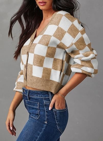 Womens Checkered V Neck Button Down Long Sleeve Cable Knit Cropped Cardigan Sweaters Tops