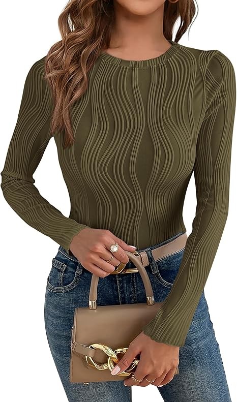 Women's Tops 2025 Cute Long Sleeve Crewneck Blouses Plain Slim Fit Fall Shirts Textured Knit Basic T Shirts