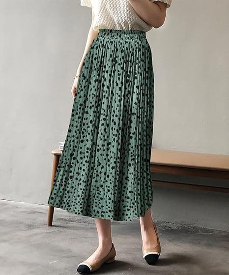 Womens Skirt Leopard Print Midi Long Shirring Pleated Skirts High Waisted A Line Skirts