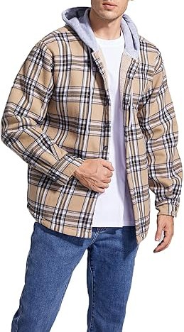 Men's Cotton Plaid Shirts Jacket Fleece Lined Flannel Shirts Sherpa Button Down Jackets with Hood for Men