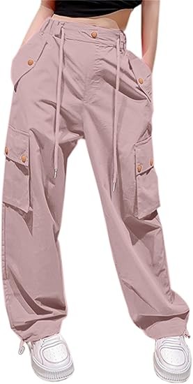 Girls&Womens High Waist Parachute Pants Y2K Cargo Trousers with Pockets 6 Years-Women 2XL