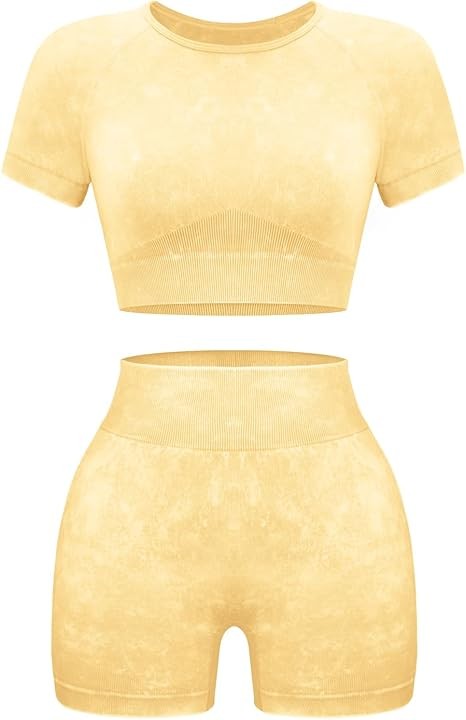 Womens Workout Sets 2 Piece - Seamless Acid Wash Yoga Outfits Shorts and Crop Top Matching Gym Athletic Clothing Set