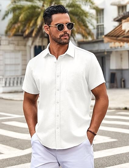 Button Down Shirt for Men Short Sleeve Casual Shirt Summer Beach Vacation Shirt with Pocket