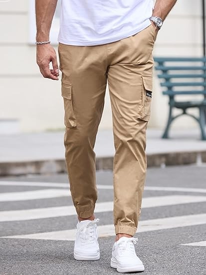 Mens Cargo Jogger Pants Elastic Waist Drawstring Regular with Zipper Pockets Cotton Pants for Men