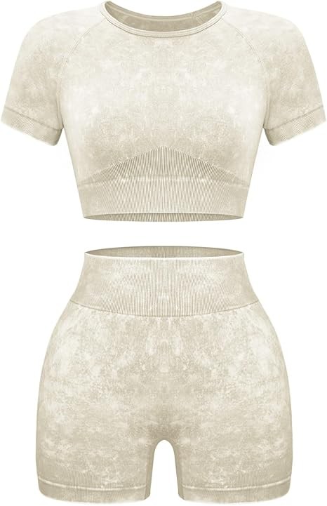 Womens Workout Sets 2 Piece - Seamless Acid Wash Yoga Outfits Shorts and Crop Top Matching Gym Athletic Clothing Set