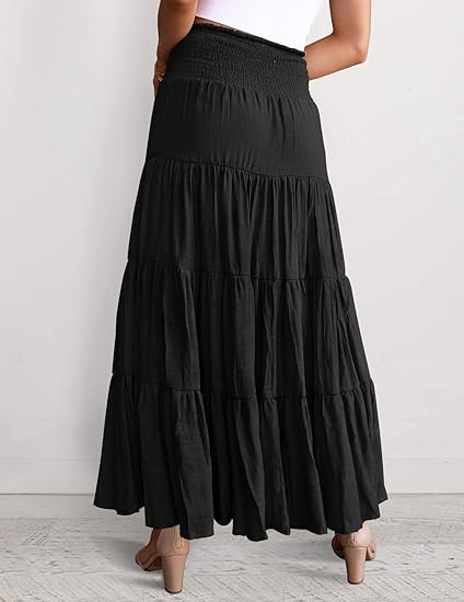 Women's Summer Flowy Boho Maxi Skirt Trendy Drawstring Elastic High Waist Pleated Tiered A Line Beach Long Skirts