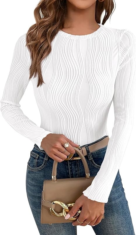 Women's Tops 2025 Cute Long Sleeve Crewneck Blouses Plain Slim Fit Fall Shirts Textured Knit Basic T Shirts