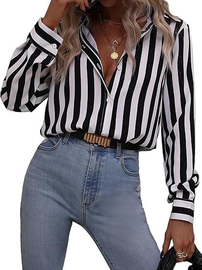 Women Pattern Print Button Down Blouse Top Long Sleeve Work Business Shirt