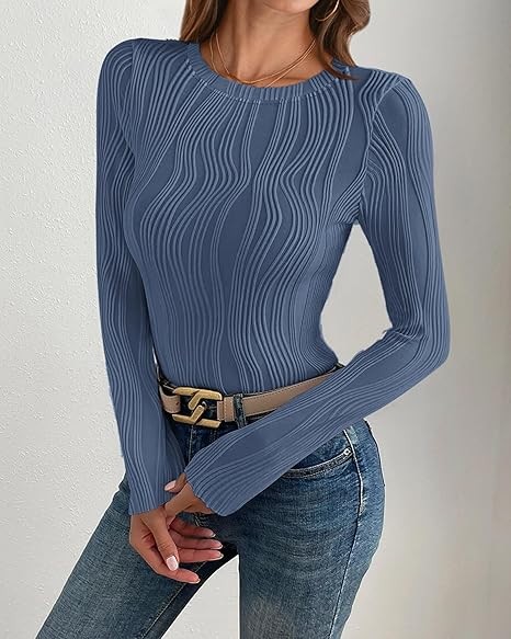 Women's Tops 2025 Cute Long Sleeve Crewneck Blouses Plain Slim Fit Fall Shirts Textured Knit Basic T Shirts