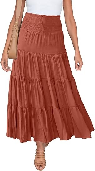 Women's Summer Flowy Boho Maxi Skirt Trendy Drawstring Elastic High Waist Pleated Tiered A Line Beach Long Skirts