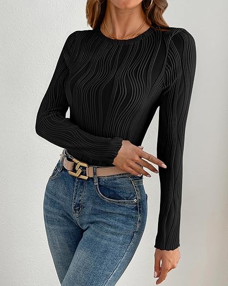 Women's Tops 2025 Cute Long Sleeve Crewneck Blouses Plain Slim Fit Fall Shirts Textured Knit Basic T Shirts