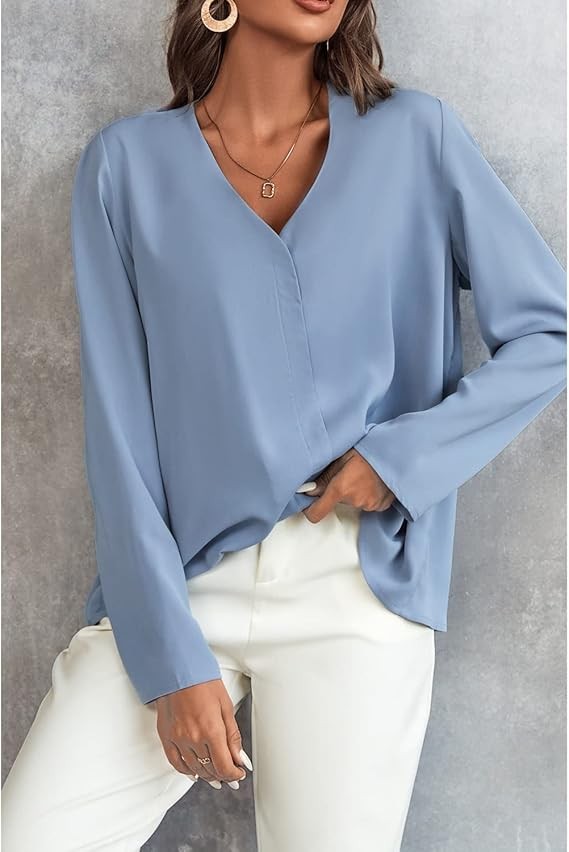 Women's Long Sleeve Shirts V Neck Business Casual Plain Work Blouses Tops
