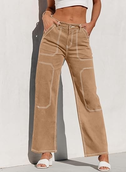 Women's Cargo Jeans Casual Loose Mid Rise Wide Leg Denim Pants