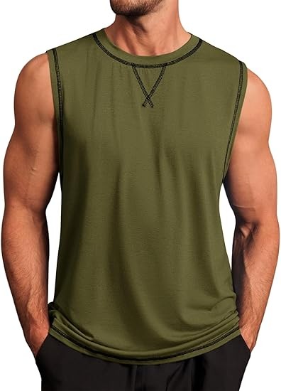 Mens Workout Tank Tops Sleeveless Casual Crewneck Beach T Shirt Muscle Athletic Gym Running Tee