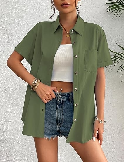 Womens Button Down Linen Shirt Short Sleeve Cotton Blouse Summer Casual Loose Fit Beach Tops