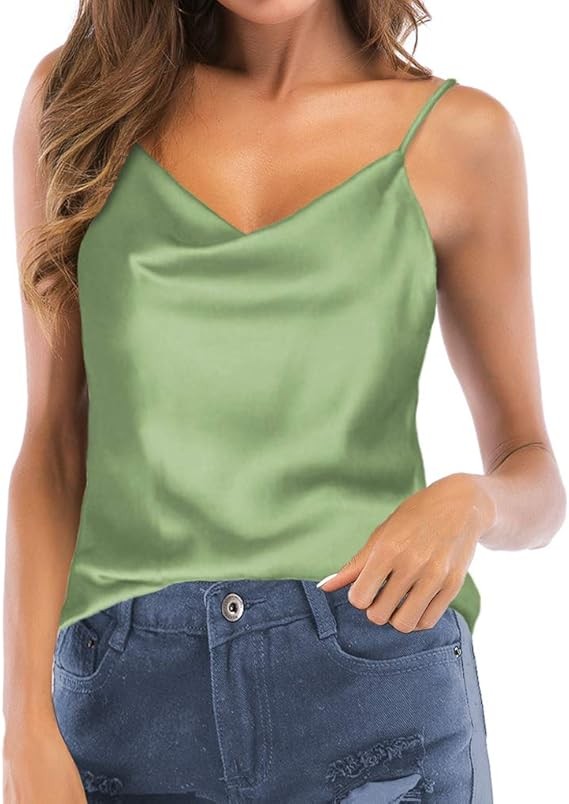 Women's Silk Satin Camisole Cowl Neck Tank Top Cami Silky Basic Tank Shirt Blouses