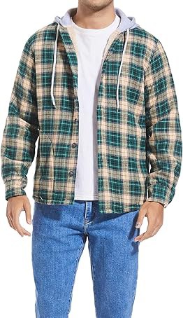 Men's Cotton Plaid Shirts Jacket Fleece Lined Flannel Shirts Sherpa Button Down Jackets with Hood for Men