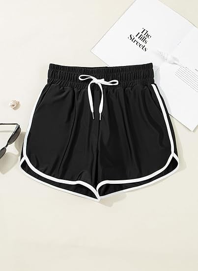 High Waisted Swim Shorts for Women with Pockets Drawstring Color Block Quick Dry Swim Shorts with Liner