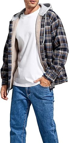 Men's Cotton Plaid Shirts Jacket Fleece Lined Flannel Shirts Sherpa Button Down Jackets with Hood for Men