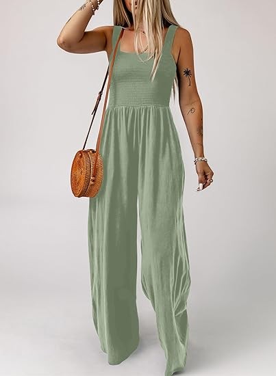 Women's Casual Loose Overalls Jumpsuits One Piece Sleeveless Wide Leg Long Pant Rompers With Pockets