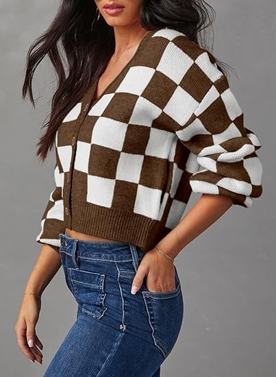 Womens Checkered V Neck Button Down Long Sleeve Cable Knit Cropped Cardigan Sweaters Tops