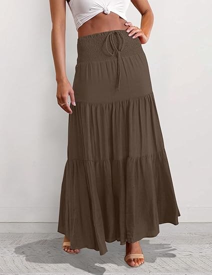 Women's Summer Flowy Boho Maxi Skirt Trendy Drawstring Elastic High Waist Pleated Tiered A Line Beach Long Skirts