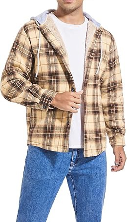 Men's Cotton Plaid Shirts Jacket Fleece Lined Flannel Shirts Sherpa Button Down Jackets with Hood for Men