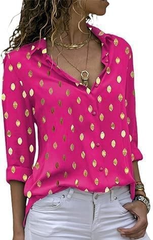 Women Pattern Print Button Down Blouse Top Long Sleeve Work Business Shirt