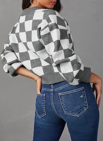 Womens Checkered V Neck Button Down Long Sleeve Cable Knit Cropped Cardigan Sweaters Tops
