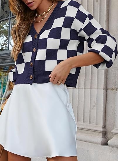 Womens Checkered V Neck Button Down Long Sleeve Cable Knit Cropped Cardigan Sweaters Tops