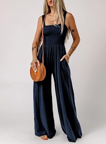 Women's Casual Loose Overalls Jumpsuits One Piece Sleeveless Wide Leg Long Pant Rompers With Pockets