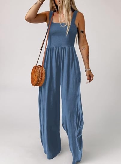 Women's Casual Loose Overalls Jumpsuits One Piece Sleeveless Wide Leg Long Pant Rompers With Pockets