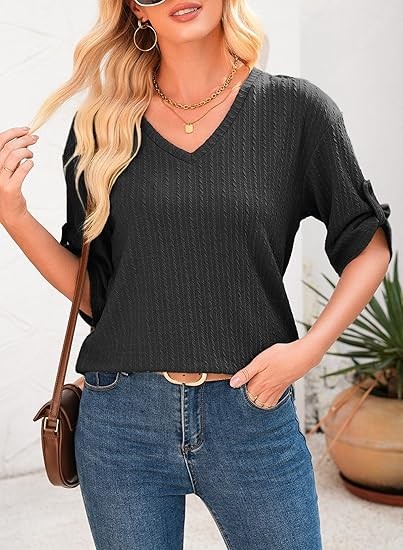 Women's Tops Dressy Casual V Neck Short Sleeve Rolled Hem Loose Blouses T Shirts