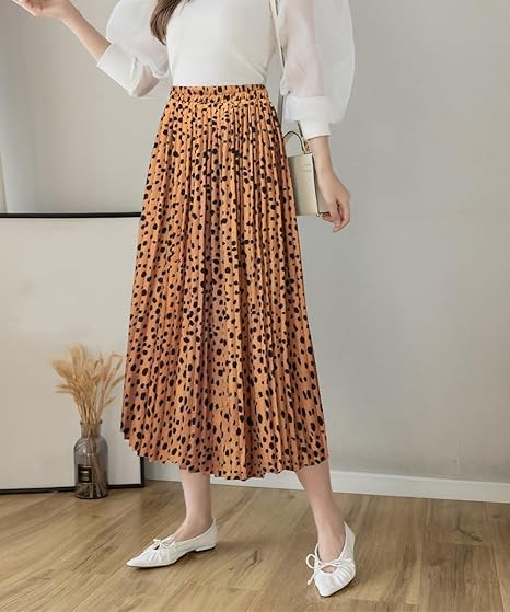 Womens Skirt Leopard Print Midi Long Shirring Pleated Skirts High Waisted A Line Skirts