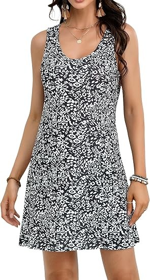 Women's Summer Dresses 2025 Casual Sleeveless Boho Beach Dress Scoop Neck T-Shirt Floral Sundress with Pocket