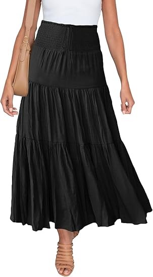 Women's Summer Flowy Boho Maxi Skirt Trendy Drawstring Elastic High Waist Pleated Tiered A Line Beach Long Skirts